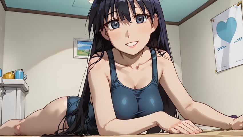 1girls ai_generated azumanga_daiou big_ass black_hair blush cleavage green_eyes indoors large_breasts long_hair on_bed on_stomach one-piece_swimsuit sakaki smiling smiling_at_viewer swimsuit