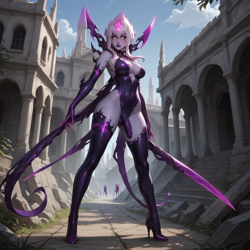 ai_generated blindparty civitai evelynn flame_hair futanari high_heels league_of_legends penis penis_bulge pink_fire solo tentacle weapon white_hair yellow_eyes