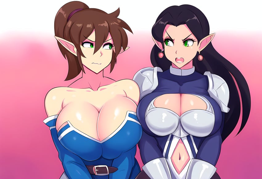 2girls ai_generated arguing armor big_breasts black_hair breast_press brown_hair cleavage duo elf elf_ears elf_female elves fantasy huge_breasts mullon novelai top_heavy