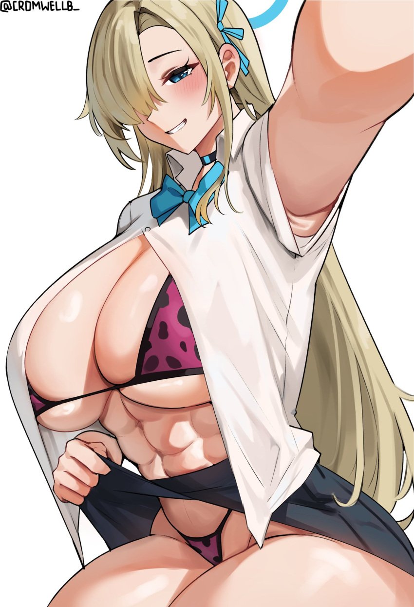 abs artist_name asuna_(blue_archive) big_breasts blonde_hair blue_archive blue_eyes choker cromwellb hair_ornament hair_over_one_eye millennium_science_school_student muscular_female naughty_smile open_shirt school_uniform schoolgirl selfie skirt skirt_lift thick_thighs tie underwear white_background