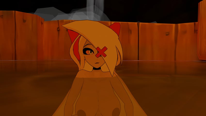 bow breasts gray_body hair_ribbon hot_spring solo vaggie_(hazbin_hotel) vrchat vrchat_avatar water