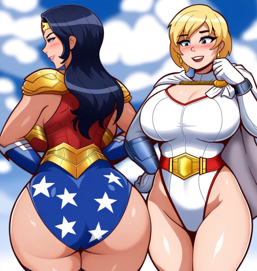 2girls ai_generated alien alien_girl amazon amazonian backboob big_breasts black_hair blonde_hair cleavage dc dc_comics duo huge_breasts kryptonian mullon novelai power_girl superheroine superman_(series) top_heavy wonder_woman wonder_woman_(series)