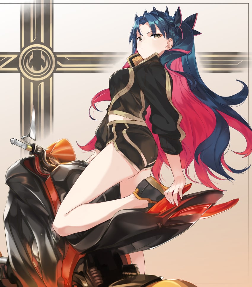 absurdres alternate_costume black_bow black_footwear black_hair black_jacket black_shorts bow breasts closed_mouth contemporary fate/grand_order fate_(series) female grey_eyes hairbow highres horns ishtar_(fate) jacket legs long_hair long_sleeves looking_at_viewer medium_breasts motor_vehicle motorcycle multicolored_hair ohland parted_bangs red_hair shorts solo space_ishtar_(fate) space_ishtar_(first_ascension)_(fate) thighs two-tone_hair two_side_up