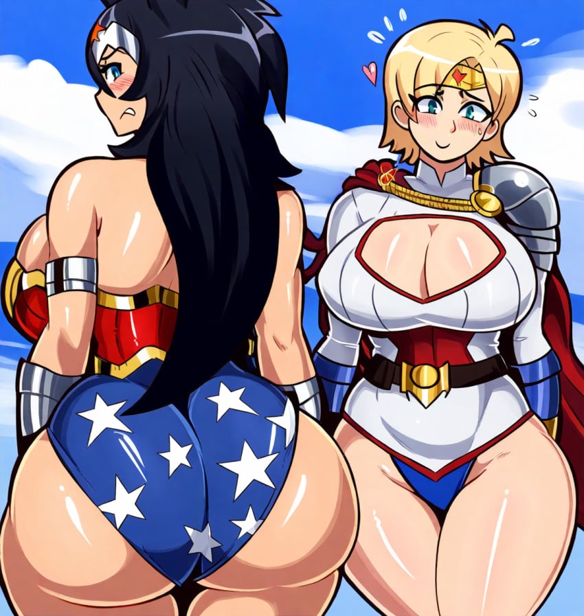 2girls ai_generated alien alien_girl alternate_costume amazon amazonian big_breasts black_hair blonde_hair dat_ass dc dc_comics duo huge_ass kryptonian mullon novelai power_girl superheroine superman_(series) wonder_woman wonder_woman_(series)