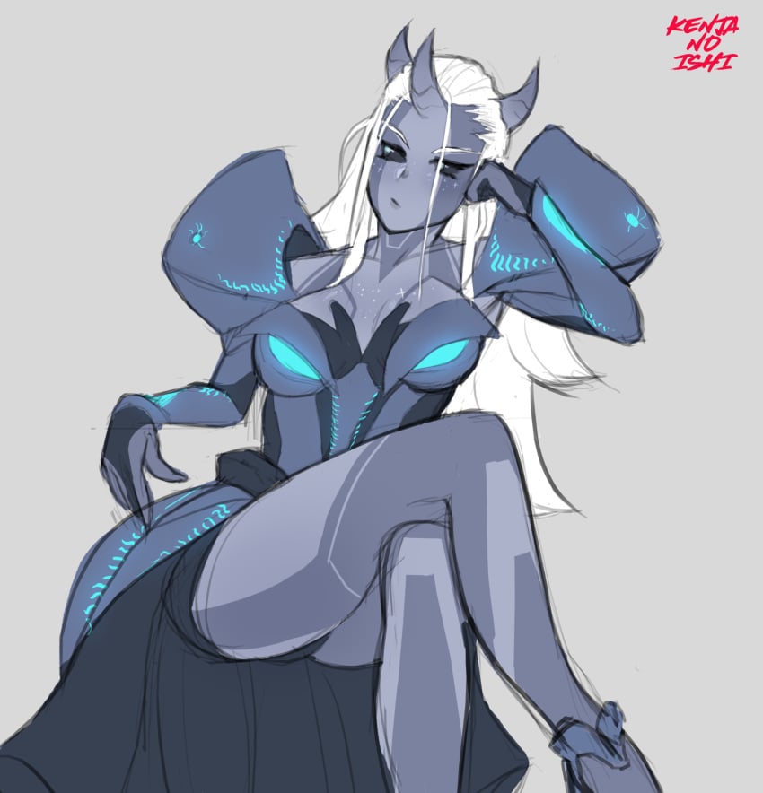 1girls alien alien_girl blue_eyes dark_samus dark_skin dress glowing_markings horns kenjanoishi long_hair metroid metroid_(creature) metroid_prime metroid_prime_3:_corruption original_character princess sketch text watermark white_hair wide_hips