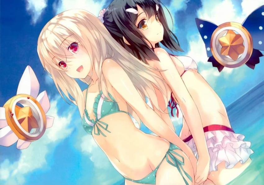 2girls amber_eyes bikini bikini_bottom bikini_top black_hair blonde_hair cute fate/kaleid_liner_prisma_illya fate_(series) holding_hands illyasviel_von_einzbern in_water magical_ruby magical_sapphire miyu_edelfelt red_eyes sea swimwear white_hair