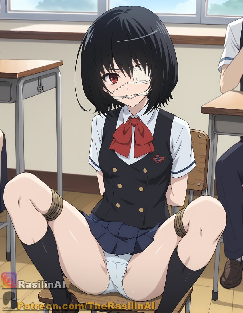 ai_generated another black_hair bondage bound chair classroom eye_patch eyepatch forced helpless misaki_mei open_legs panties rasilinai red_eyes restrained rope school_uniform schoolgirl short_hair skirt spread_legs stable_diffusion tagme tied_to_chair