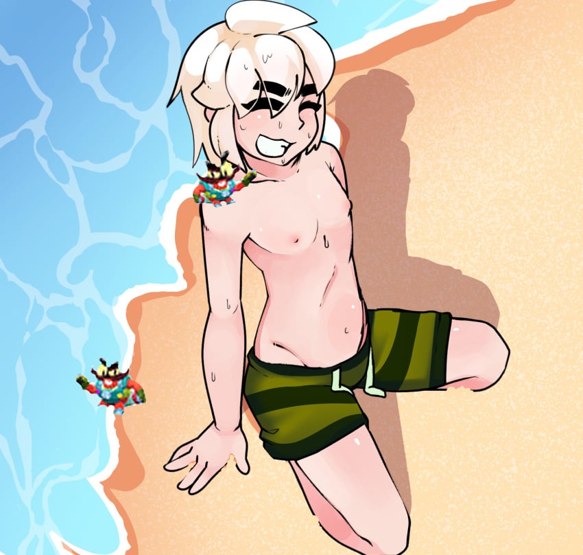 beach blonde_hair blonde_male brawl_stars clancy_(brawl_stars) closed_eyes gus_(brawl_stars) happy lewdratus perspective petite petite_male sand sitting supercell tagme valerednsfw