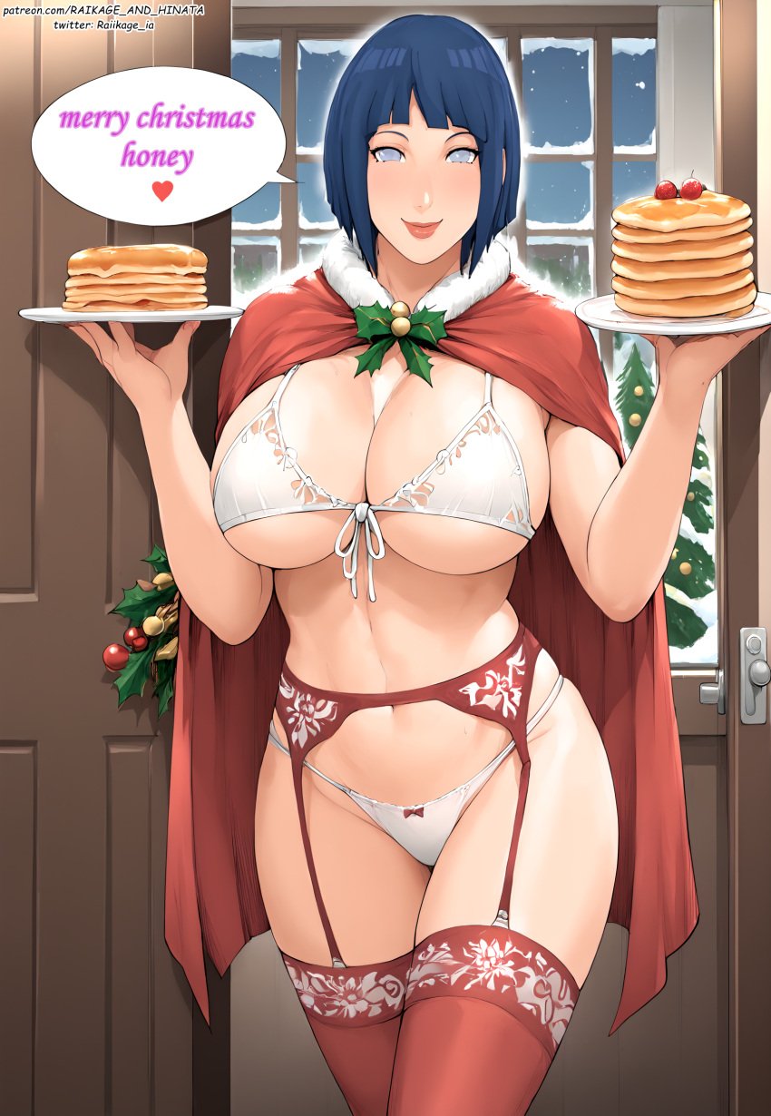 ai_generated big_breasts blue_hair boruto:_naruto_next_generations christmas christmas_decorations christmas_outfit curvy food hyuuga_hinata indoors naruto naruto_(series) red_clothing santa_costume snow text text_bubble waffles white_eyes