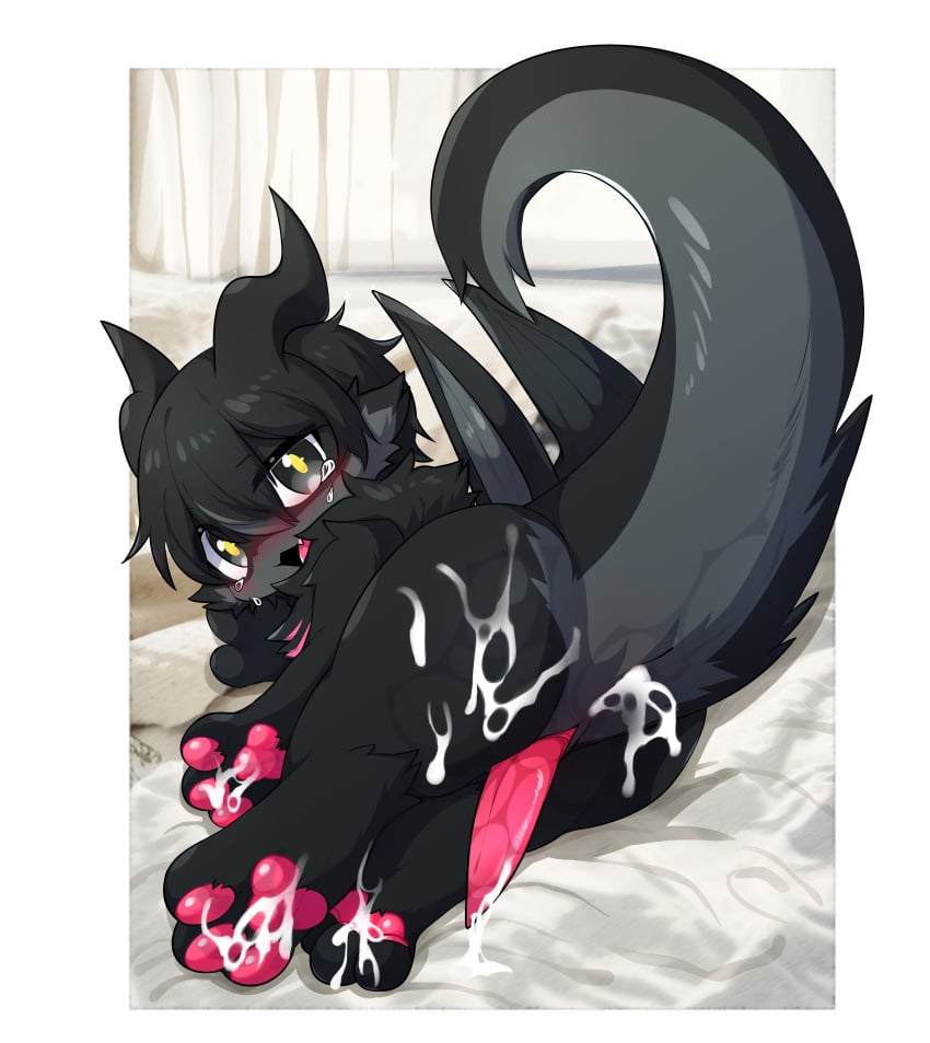 3_toes absurd_res after_sex animal_genitalia anthro ass bat_wings black_body blush bodily_fluids countershading cum cum_from_ass cum_in_ass cum_inside cum_on_bedding cum_on_butt cum_on_pawpads curling_tail curling_toes demon dipstick_tail feet foot_focus genital_fluids genital_slit genitals grey_body grey_countershading grey_eyes hi_res looking_at_viewer looking_back looking_back_at_viewer lying male markings membrane_(anatomy) membranous_wings nude on_side open_mouth pawpads penis pink_pawpads pink_penis pupils rear_view solo tail tail_markings tapering_penis toes waru0130 wings yellow_pupils