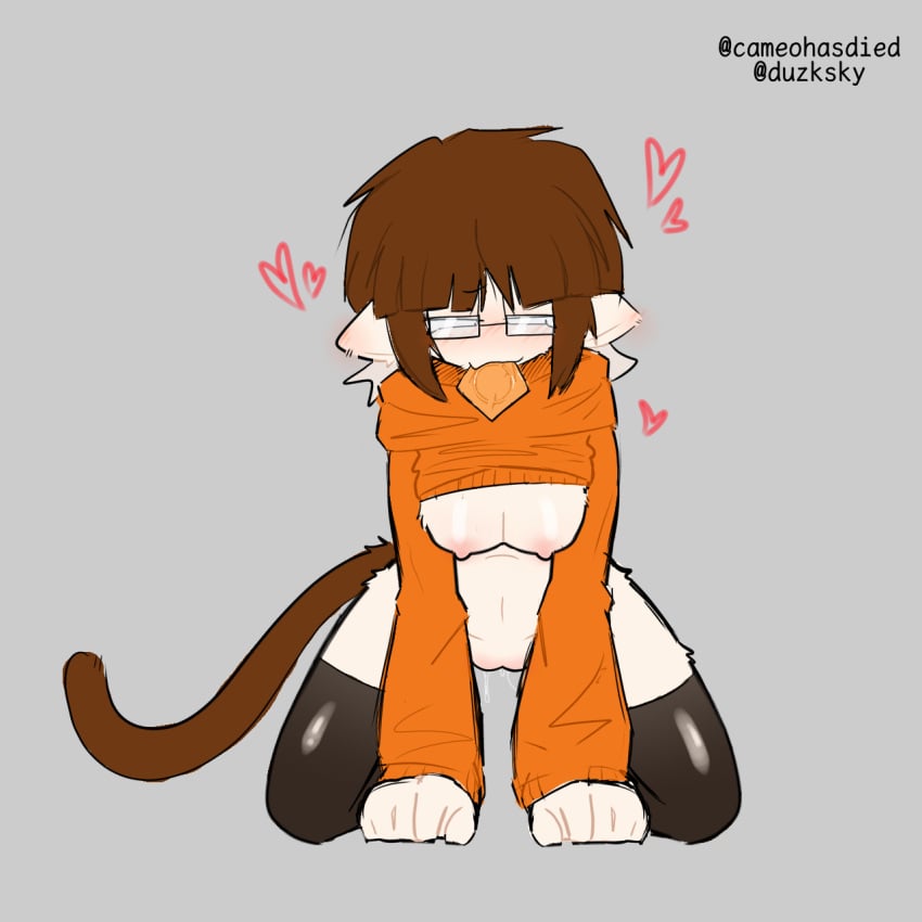 1:1 1girls animal_humanoid begging begging_for_sex black_thighhighs blush breasts brown_hair brown_tail clothing_lift condom condom_in_mouth del_(law_of_talos) ear_blush female female_only fur genital_fluids genitals glasses heart hearts_around_head humanoid law_of_talos looking_away looking_to_the_side multicolored_hair narrowed_eyes nipples on_knees orange_condom orange_hoodie orange_topwear pale-skinned_female pale_skin pussy pussy_juice pussy_juice_drip self_upload short_hair simple_background tail tailed_humanoid thighhighs vaginal_fluids