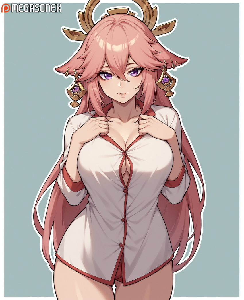 ai_generated animal_ears ass_visible_through_thighs bangs blue_background breasts button_gap cleavage collarbone collared_shirt cowboy_shot earrings female fox_ears genshin_impact hair_between_eyes hair_ornament hoyoverse jewelry large_breasts long_hair long_sleeves looking_at_viewer megasonek mihoyo parted_lips patreon_username pink_hair purple_eyes shirt simple_background smile solo thigh_gap thighs very_long_hair watermark white_shirt yae_miko