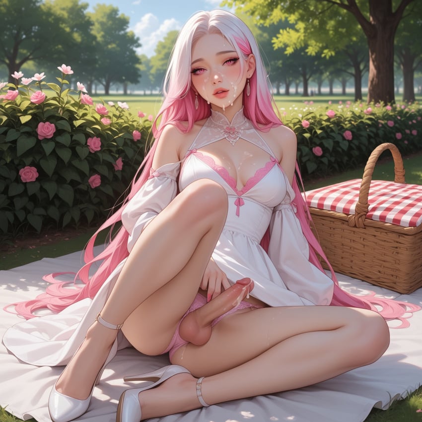 ai_generated and blindparty civitai cleavage cum_on_body cum_on_breasts cum_on_face dress facial futanari high_heels multicolored_hair nudity panties pink_hair solo white_hair