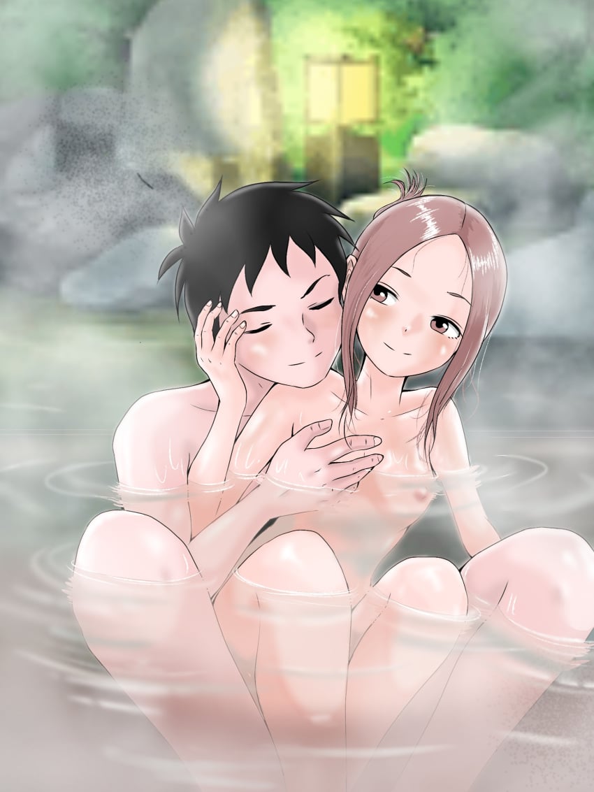 1boy 1girls 2023 aged_up areolae between_legs bigger_male blush breasts closed_eyes flat_chest grabbing_breasts hand_on_face hatomugi_(user_datj4345) hot_spring imminent_sex karakai_jouzu_no_(moto)_takagi-san karakai_jouzu_no_takagi-san lamp legs_spread legs_together nipples nishikata nude nude_female nude_male ponytail portrait rock short_hair smiling smiling_at_partner takagi-san thighs tree wet_body