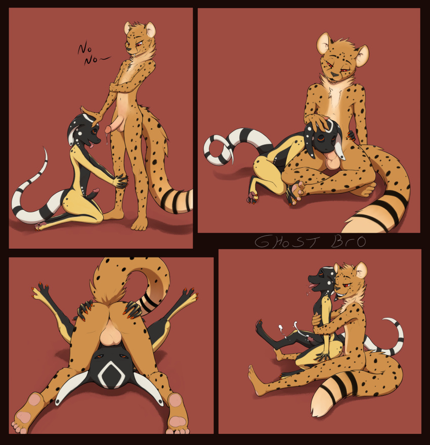 anal anal_sex balls big_ears cheetah comic cum feline fluffy gecko ghostbro hands-free hi_res humanoid_penis larger_male lizard looking_at_viewer male male_penetrating mammal oral oral_penetration orgasm orgasm_face paws penetration penis quatl red_eyes reptile scalie sex size_difference smaller_male yaoi