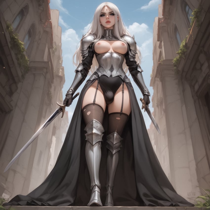 1futa ai_generated angelise_reiter armor armored_boots armored_female blindparty blue_eyes bulge civitai futanari high_heels nudity panties penis_bulge solo sword white_hair