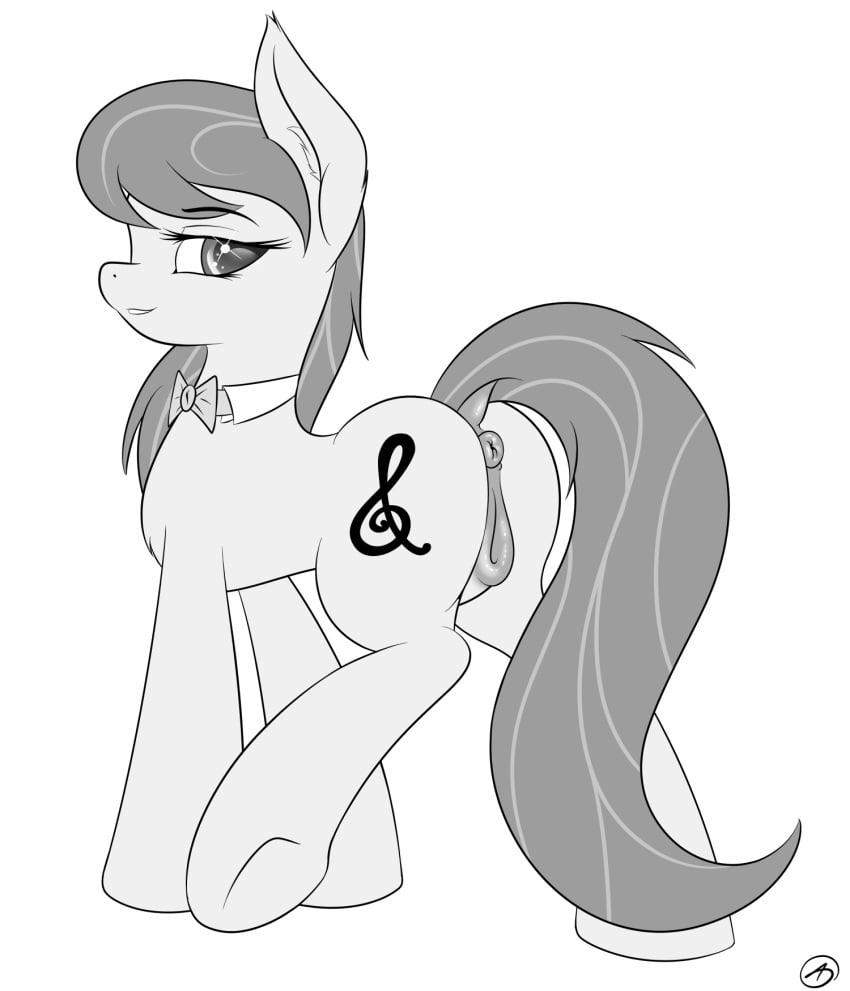 animal_genitalia animal_pussy anus bedroom_eyes capseys cutie_mark equine equine_pussy feral friendship_is_magic half-closed_eyes happy horse inner_ear_fluff looking_back mammal monochrome my_little_pony naughty_face octavia_melody pony pussy seductive simple_background smile