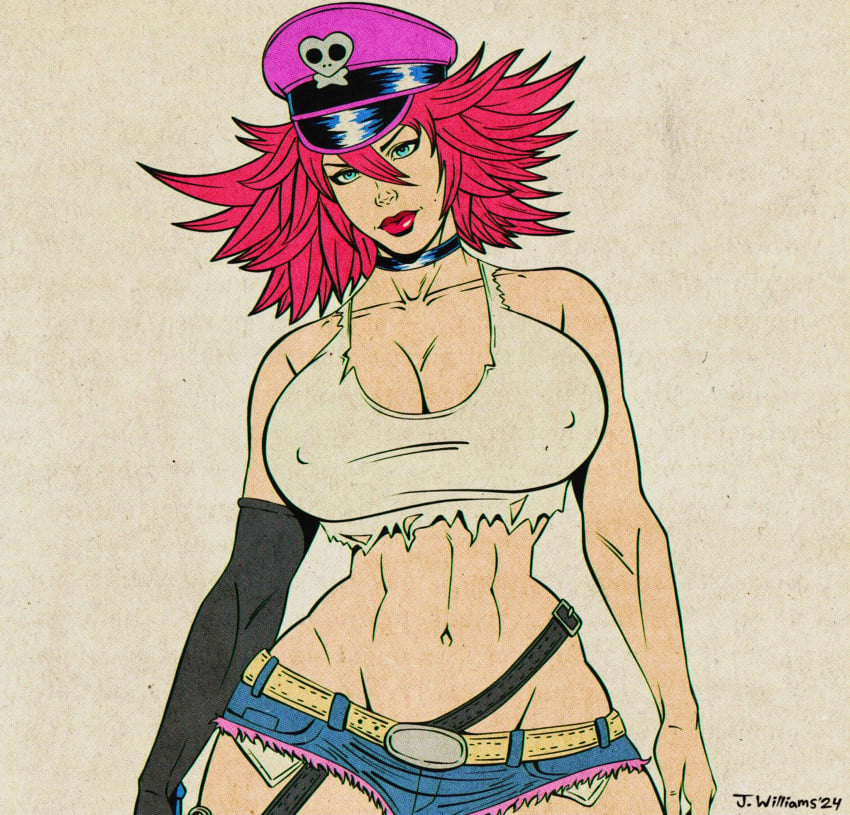 1girls breasts capcom cleavage female final_fight huge_breasts jaywilliamzart nipple_bulge peaked_cap pink_hair poison_(final_fight) solo street_fighter