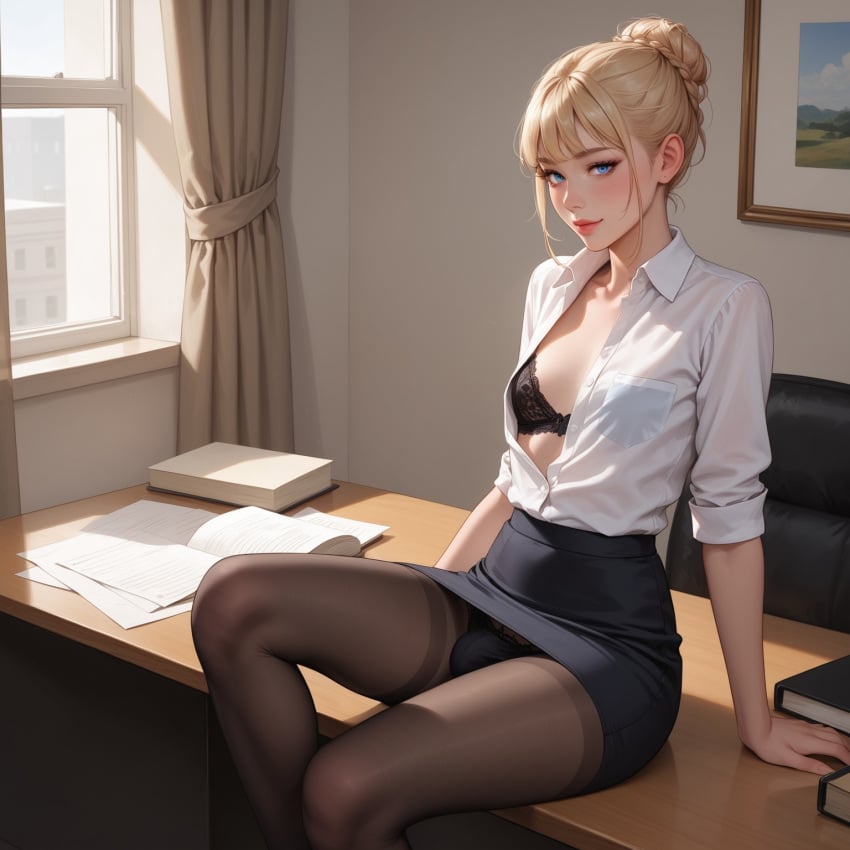 1futa ai_generated blindparty blonde_hair blue_eyes bra bulge civitai cleavage futanari lingerie office_futa pantyhose penis penis_bulge small_breasts solo