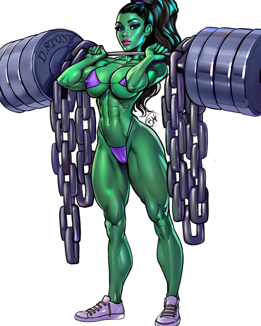 1girls bikini brian_miroglio female green_skin marvel marvel_comics muscular muscular_female nipple_bulge she-hulk skimpy weightlifting