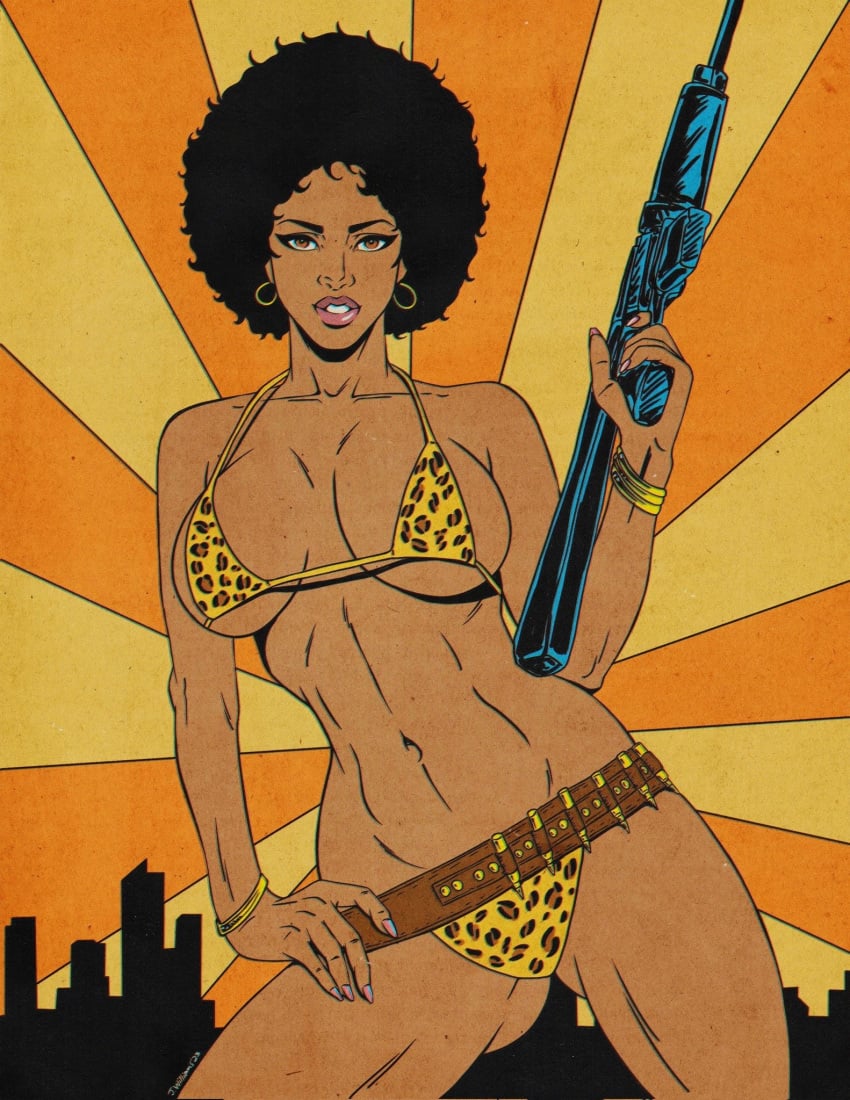 1girls afro big_breasts bikini breasts dark-skinned_female dark_skin earrings female gun jaywilliamzart rifle skimpy solo