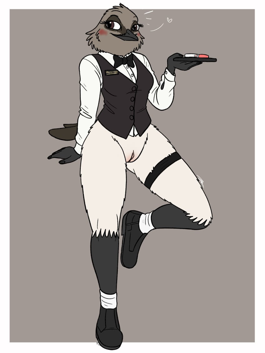 absurd_res anthro avian bird black_tie_(suit) blush bottomless bottomless_anthro bottomless_female bow_tie casual_exposure clothed clothing dress_shirt exhibitionism female fish_birb footwear formal_clothing formal_wear genitals hi_res implied_pregnancy leg_strap millie_(fish_birb) name_tag oscine passerine pregnancy_test pussy shirt shoes socks solo starling_(bird) suit topwear vest waiter waiter_suit waiter_tray waitress_uniform