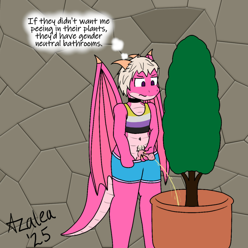 1:1 bodily_fluids dragon flamingazalea genderfluid genital_fluids genitals hi_res mythological_creature mythological_scalie mythology nonbinary_(lore) peeing penis plant plant_pot potted_plant scalie urine watersports