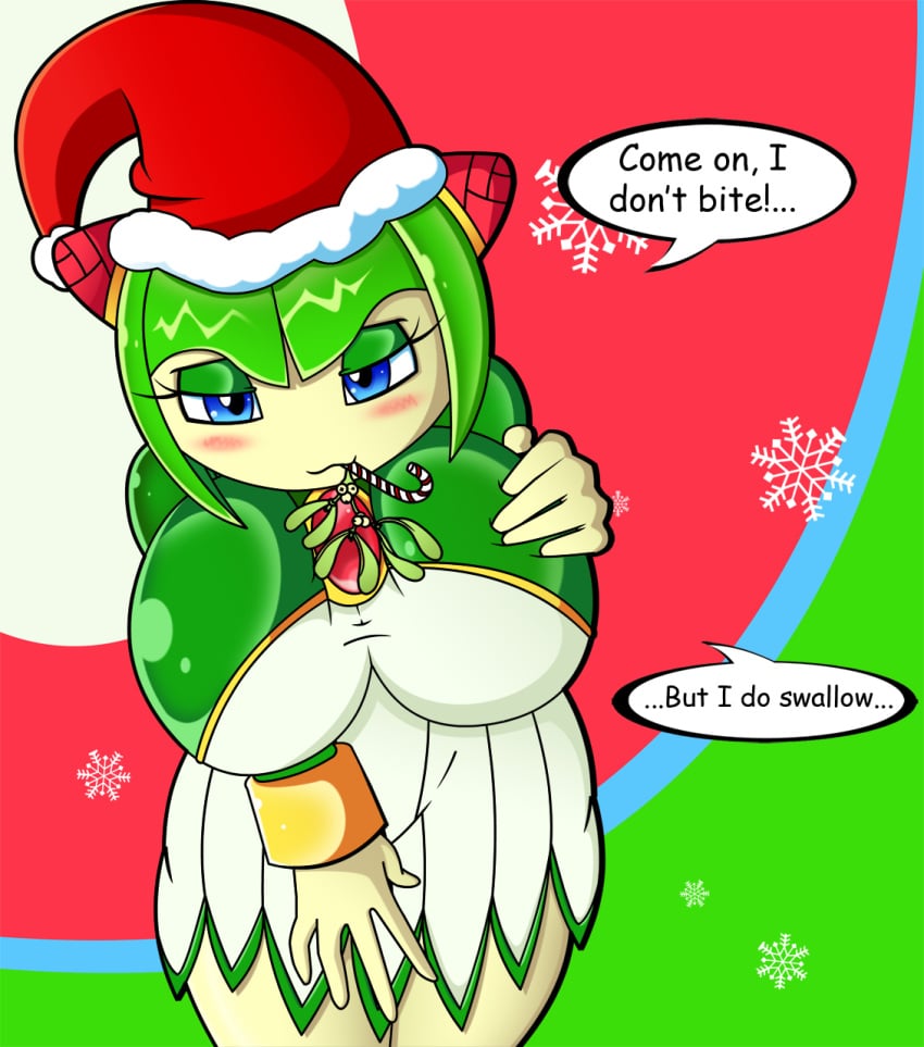 1girls aged_up bedroom_eyes big_breasts blue_eyes blush breasts candy_cane christmas cosmo_the_seedrian curvy curvy_female curvy_figure dress english_text female flirting flirting_with_viewer fuck_me_eyes grabbing_own_breast green_hair hand_on_breast hand_on_leg huge_breasts imminent_sex looking_at_viewer looking_at_you mistletoe santa_hat seducing seducing_viewer seductive seductive_eyes seductive_look seductive_smile sexy_body short_dress skirt smile solo sonic_(series) sonic_the_hedgehog_(series) sonic_x story_at_source talking_to_viewer thighs wankerscramp