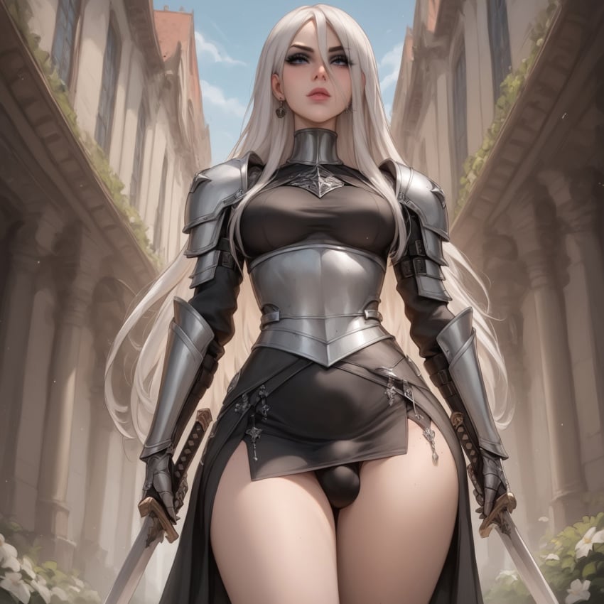 ai_generated angelise_reiter armor armored_female blindparty blue_eyes civitai futanari panties penis_bulge solo sword white_hair