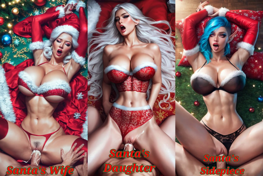 ahe_gao ai_generated bimbo bimbo_body busty christmas christmas_clothing christmas_hat christmas_lights christmas_outfit collage cum_in_pussy cum_in_pussy cum_inside daughter digital_media_(artwork) elf elf_ears elf_female gilf holidays hourglass_figure lace_trim large_ass lingerie milf missionary_position mrs._claus orgasm orgasm_face pov pov_eye_contact santa_claus stockings white_hair