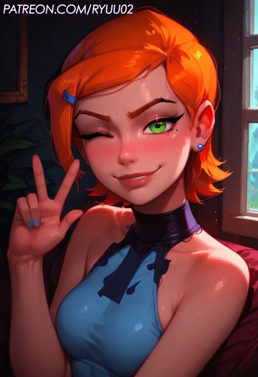 ai_generated ben_10 big_ass blush cargo_pants gwen_tennyson gwen_tennyson_(classic) hair looking_at_viewer medium_breasts orange orange_hair peace_sign pose ryuuziken01 short_hair smile smiling_at_viewer wink