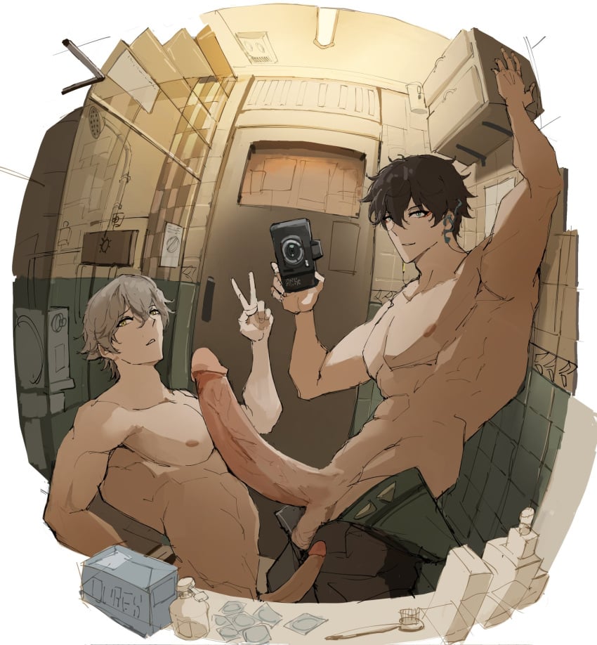 2boys bathroom big_penis caelus_(honkai:_star_rail) dan_heng dan_heng_(honkai:_star_rail) gay honkai:_star_rail jncx_325 muscular muscular_male only_male