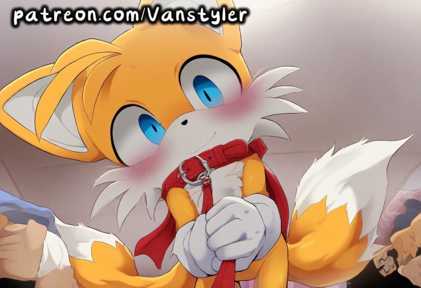 1boy ai_generated blue_eyes blush collar fox fox_ears fox_tail leash leash_and_collar leash_pull leashed_collar looking_at_viewer male male_only patreon petite solo sonic_(series) sonic_the_hedgehog_(series) tails_the_fox vanstyler white_fur yellow_fur