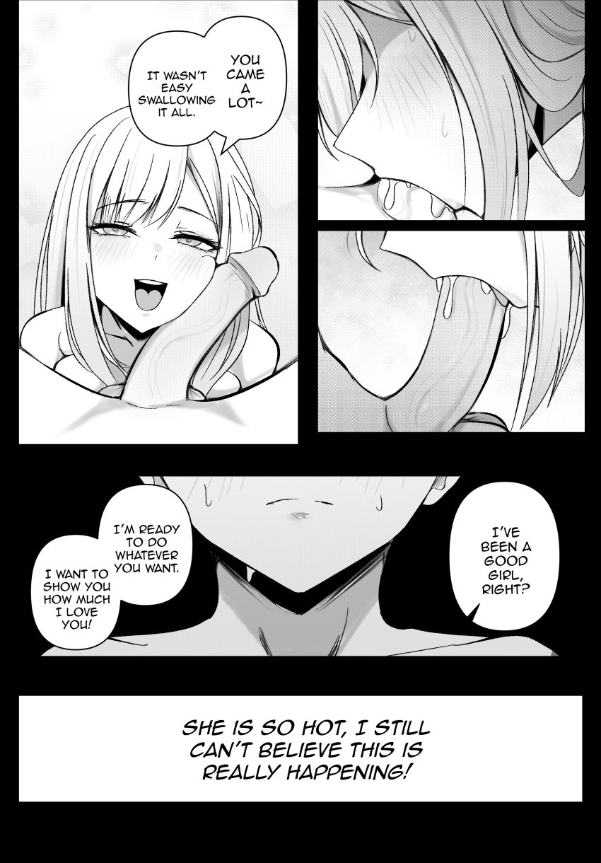 1boy 1girls black_and_white blowjob comic cum cum_in_mouth cum_in_throat cum_inside deepthroat doujinshi fellatio gojou_wakana kitagawa_marin niui sex sono_bisque_doll_wa_koi_wo_suru swallowing swallowing_cum tagme text