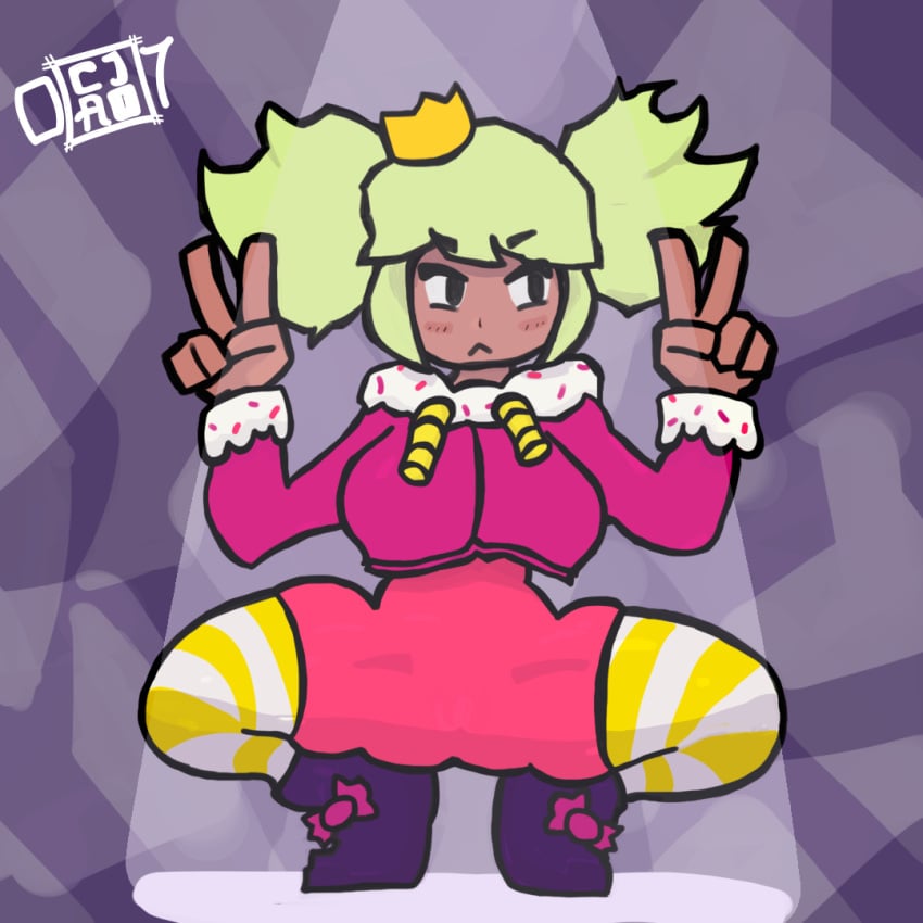 brawl_stars cjao_07 crown mandy_(brawl_stars) peace_sign squatting_position supercell supercell_(company) twintails