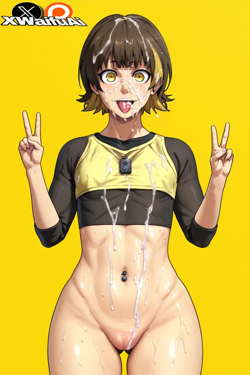 1cuntboy ai_generated bachira_meguru belly_button_piercing bottomless cum cuntboy cuntboy_only human intersex peace_sign solo solo_focus tongue_out xwaifuai