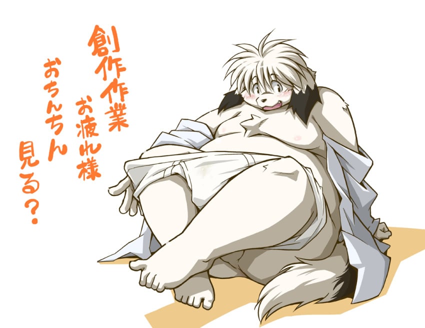 balls blush book_whitener briegs clothing facing_viewer japanese_text kemono male monochrome_(series) obese overweight simple_background sitting takaki_takashi text translation_request undressing white_background