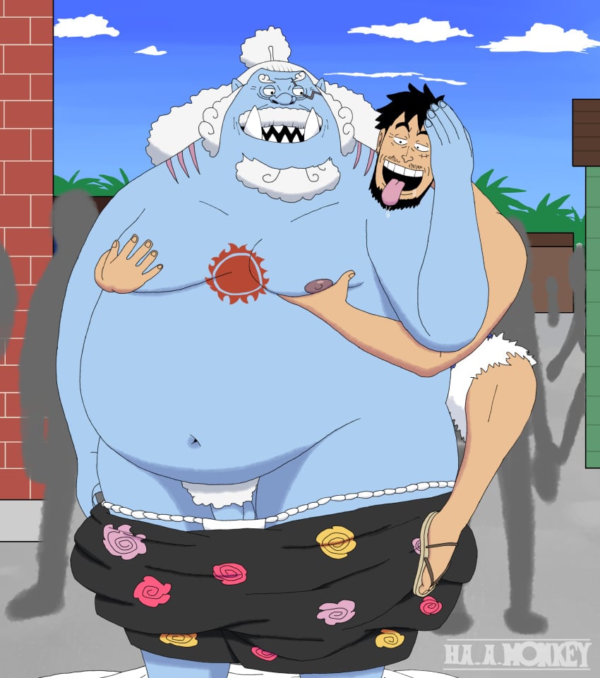 absurd_res asian_clothing beard blue_body blue_sky bodily_fluids caressing_head chest_grab clothing drooling duo east_asian_clothing facial_hair fish-men_(one_piece) fundoshi ha_a_monkey hi_res human japanese_clothing jinbe kimono male male/male male_only mammal marine monkey_d._luffy mostly_nude moustache nipples one_piece overweight overweight_male public public_nudity saliva scar size_difference sky tattoo tongue tongue_out underwear