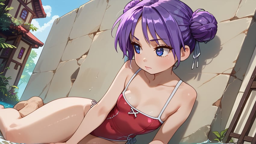 1girls ai_generated belly_button blue_eyes blush hair_bun hair_ribbon kagami_hiiragi looking_away lucky_star on_side one_piece_swimsuit outdoors purple_hair slim_waist small_breasts swimsuit thick_thighs