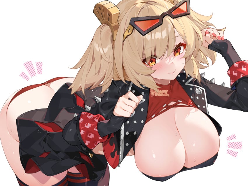 alternate_breast_size ass bad_id bad_twitter_id bent_over blonde_hair blush breasts burnice_white butt_crack cleavage commentary_request english_commentary eyewear_on_head female highres jacket large_breasts looking_at_viewer mixed-language_commentary red_eyes skirt smile solo thighs undersized_clothes waterring zenless_zone_zero