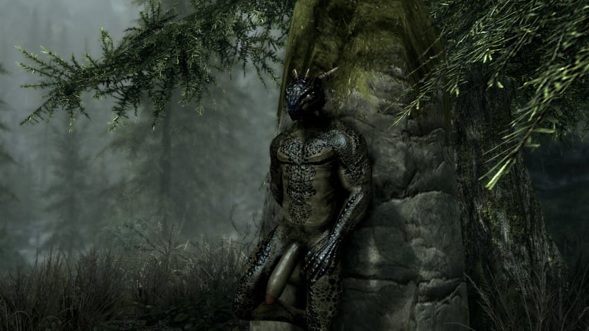 animal_humanoid anthro argonian balls big_balls big_penis dark_body dark_scales demonslairsfm forest genitals hi_res horn horned_humanoid huge_cock humanoid leaning_on_object male microsoft muscular muscular_anthro muscular_male penis plant reptile rock scales scalie scalie_humanoid solo the_elder_scrolls tree yellow_eyes