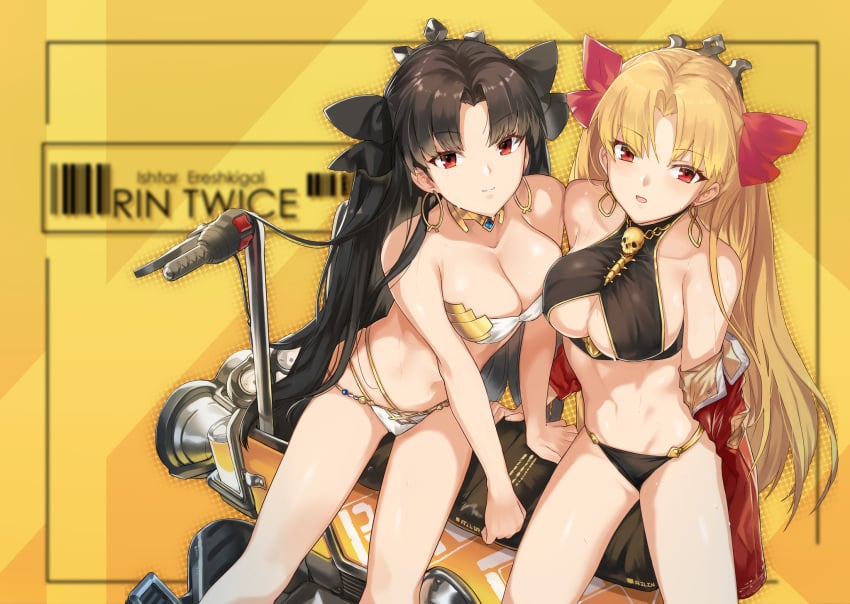 2girls adapted_costume bare_shoulders bikini black_bikini black_hair blonde_hair bow breasts cleavage cowboy_shot earrings ereshkigal_(fate) fate/grand_order fate_(series) hairbow halftone halftone_background highres hoop_earrings ishtar_(fate) jewelry large_breasts long_hair multiple_girls navel off_shoulder ohland parted_bangs red_eyes siblings sisters sitting sweat swimsuit underboob very_long_hair white_bikini