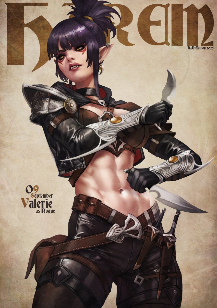 2025 abs absurdres armor black_gloves character_name copyright_name dungeons_&_dragons earrings english_commentary fangs gloves highres holding holding_knife hood hood_down jewelry knife midriff monori_rogue navel original pointy_ears september shoulder_armor topknot yellow_eyes