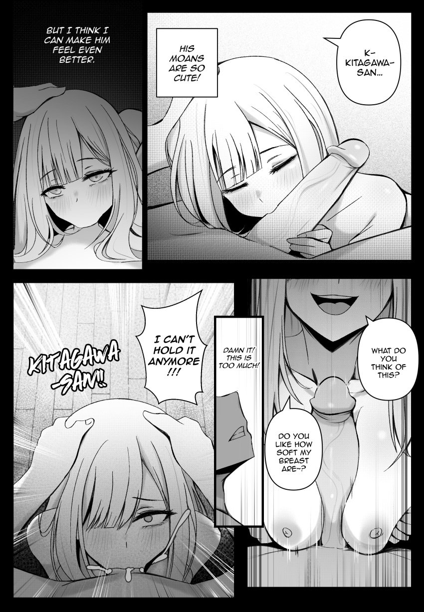 1boy 1girls black_and_white blowjob calling_out_name comic gojou_wakana hand_on_head kitagawa_marin niui sono_bisque_doll_wa_koi_wo_suru surprised tagme text