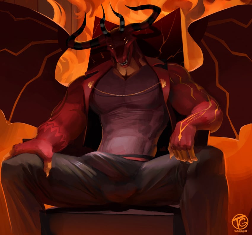 4_eyes anthro big_bulge big_muscles bottomwear bulge clothed clothing demon detailed_bulge dragon fully_clothed genital_outline hi_res horn male membrane_(anatomy) membranous_wings multi_eye multi_horn muscular muscular_anthro muscular_male mythological_creature mythological_scalie mythology pants pecs penis_outline red_body red_scales satan_(helluva_boss) scales scalie shirt sitting_on_throne solo tagonkrat tank_top topwear wings