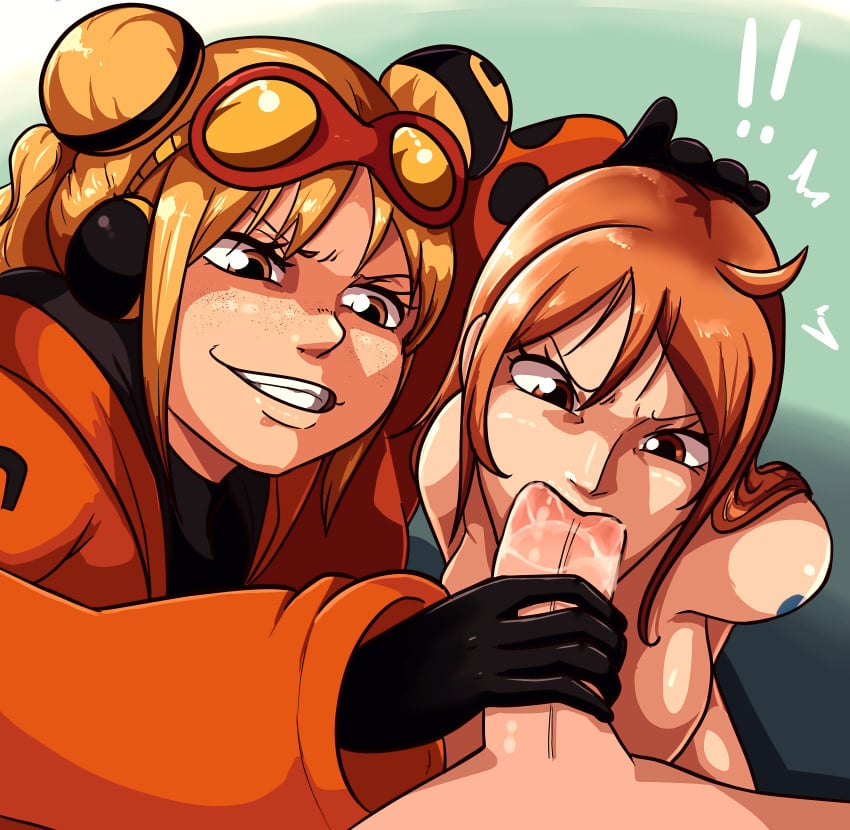 1boy 2girls blonde_hair breasts clothed clothes clothing fellatio female goggles goggles_on_head hand_on_another's_head hand_on_head huge_cock male mff_threesome nami nami_(one_piece) nude nude_female nude_male one_piece open_mouth orange_hair penis post-timeskip s0_underrated smile threesome vegapunk_york yellow_eyes