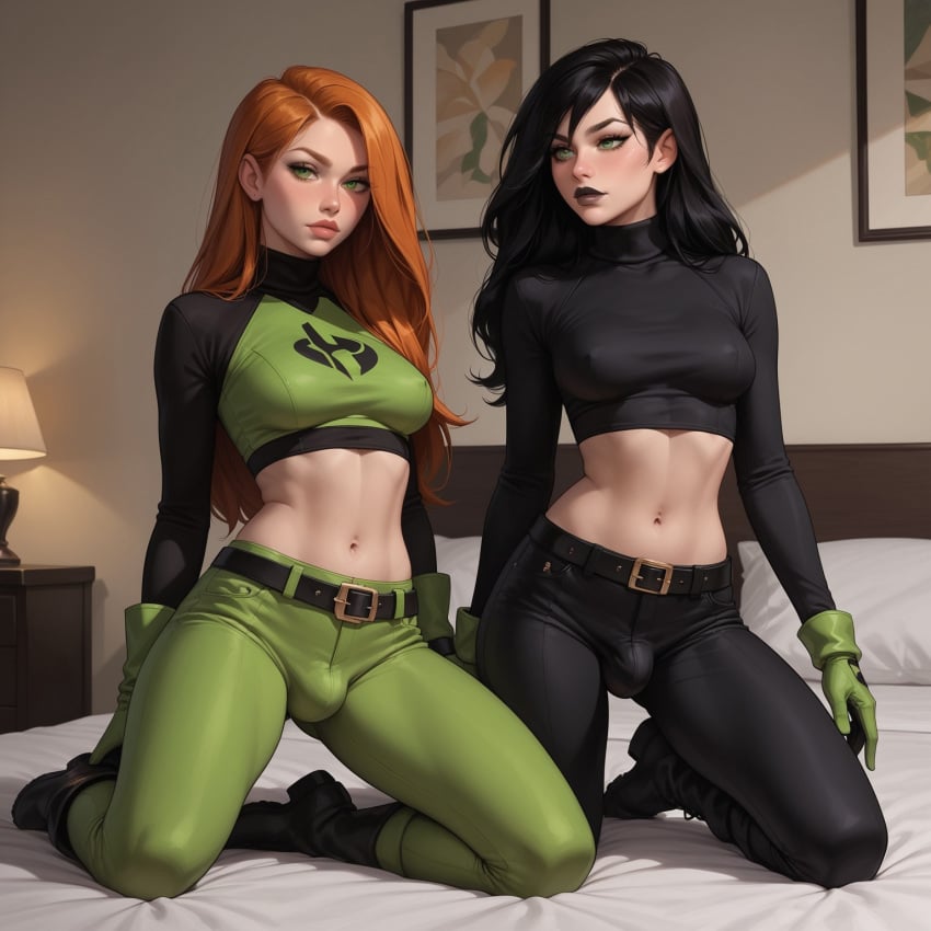 2futas ai_generated black_hair blindparty bulge bulge_through_clothing civitai errect_nipples futa_on_futa futanari green_eyes kim_possible kim_possible_(series) kimberly_ann_possible nipples orange_hair penis_bulge shego