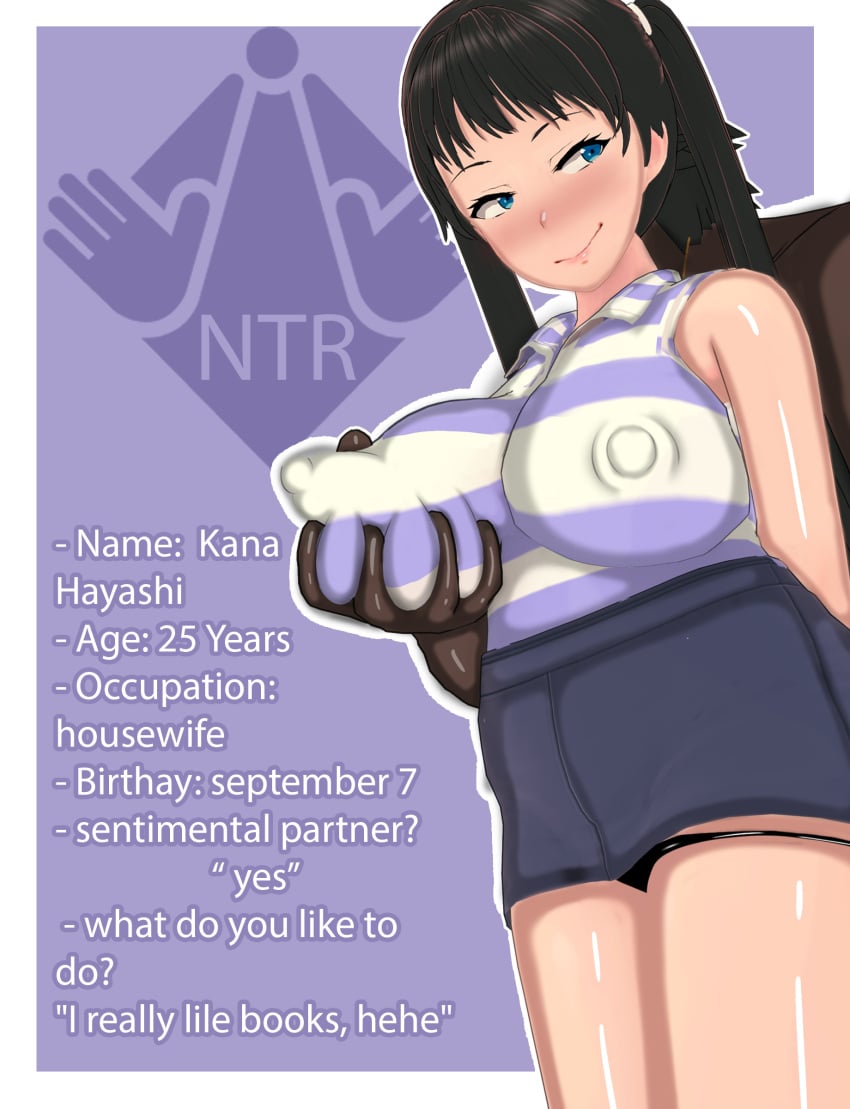 1boy 1girls 3d big_breasts black_hair black_panties black_underwear blue_eyes breast_grab breasts character_sheet cheating cheating_girlfriend dark-skinned_male dark_skin dialogue english_text erect_nipples erect_nipples_under_clothes hi_res high_resolution highres kana_hayashi_(vyrus_smith) large_breasts looking_away looking_back netorare nipples ntr original out_of_frame panties removing_panties smile spelling_error text tied_hair twintails underwear vyrus_smith