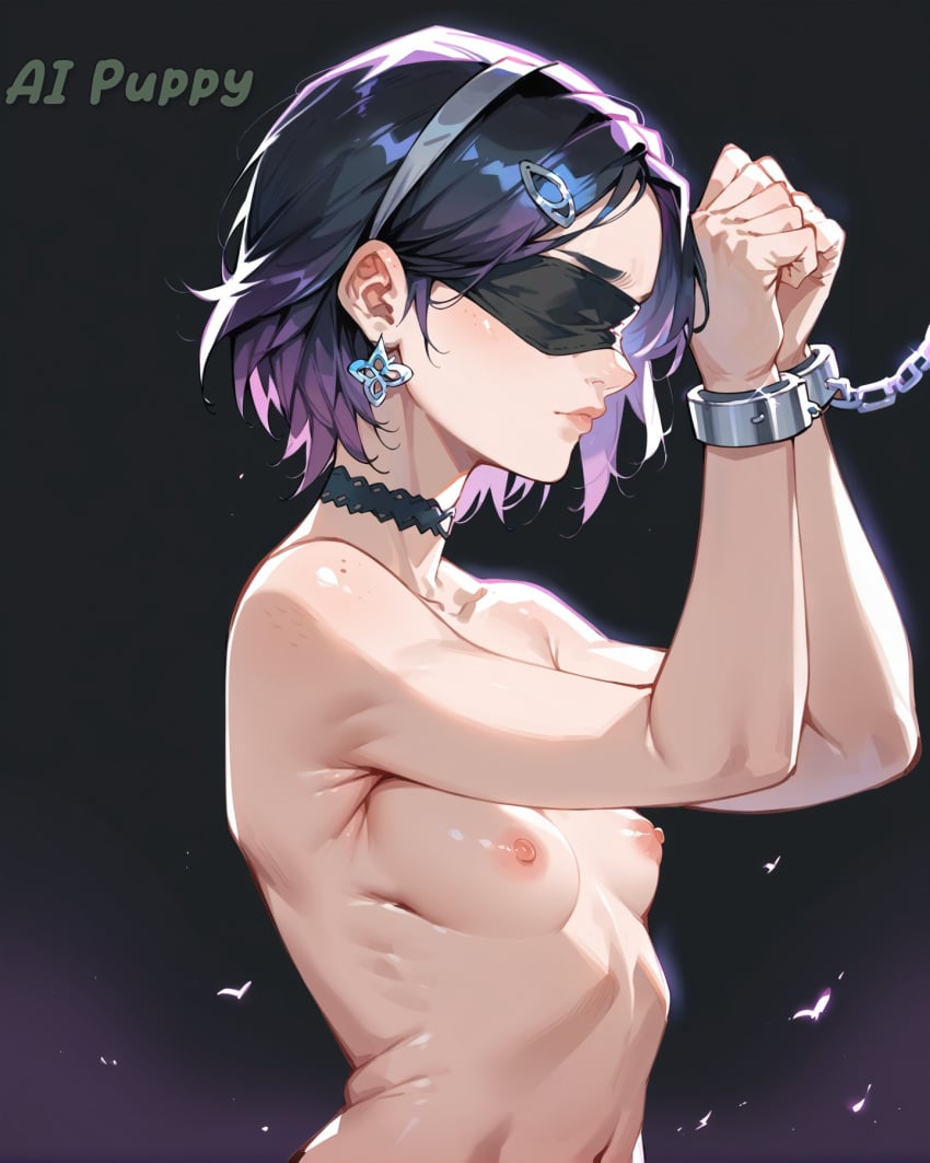 1girls ai_bingus ai_generated ai_puppy blindfold bluesky bluesky_username choker clove_(valorant) female_only handcuffed handcuffs imminent_rape leading nude petite ribs small_breasts solo valorant watermark