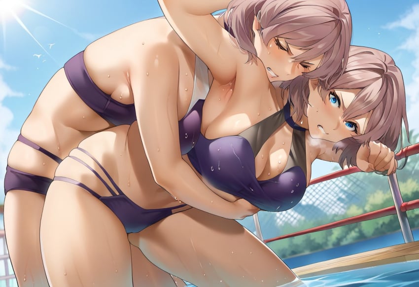 ai_generated angry angry_face armpits belly_to_belly big_breasts bikini catfight hate mujina pool purple_bikini purple_hair purple_swimsuit selfcest ssss.gridman struggling swimsuit thick_thighs wet wet_skin wrestling yuri